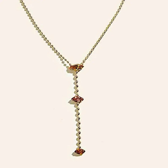 Gold Beaded Gemstone Y Lariat Necklace, Citrine, Pink Stone - Picture 3 of 4